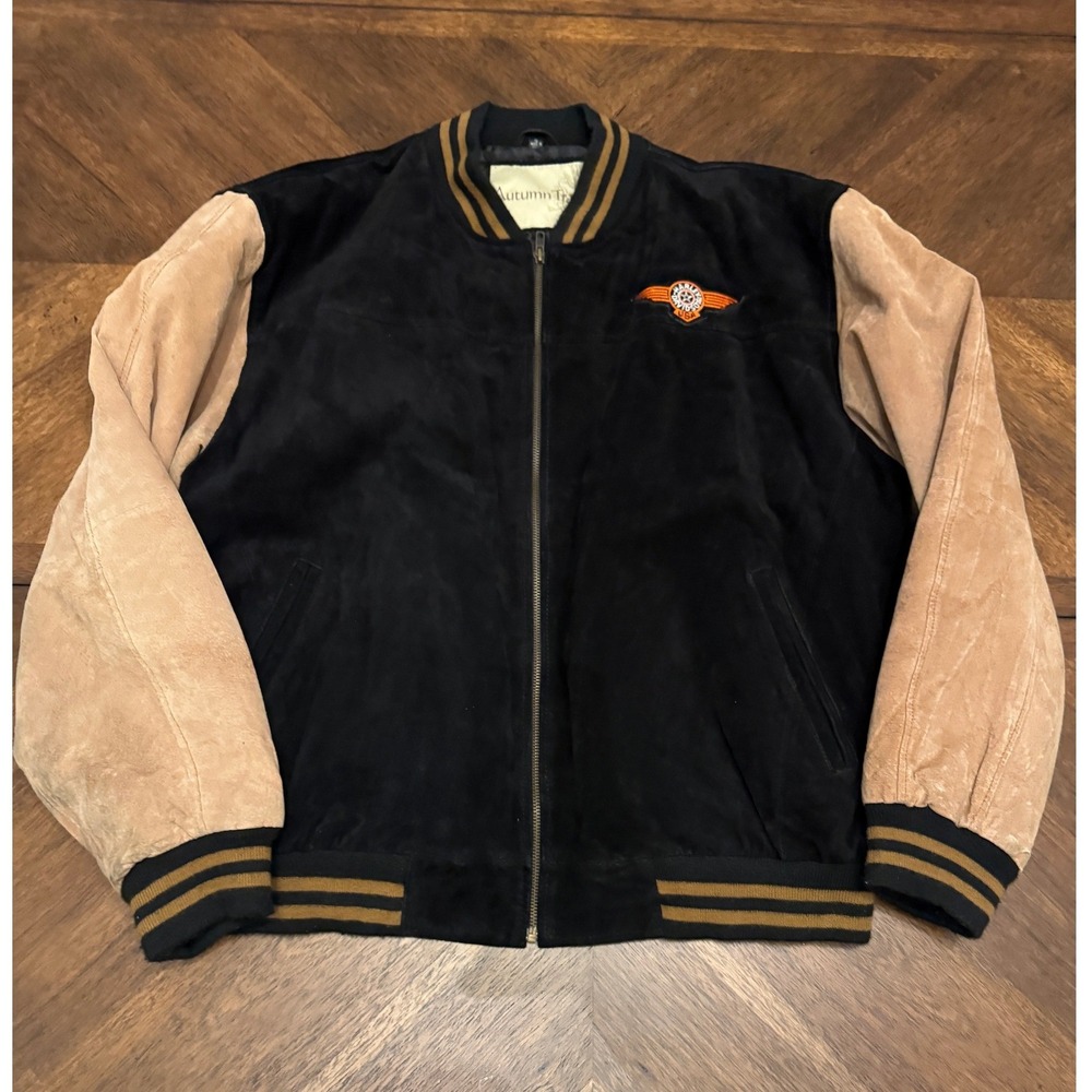 Autumn Trails Harley Davidson Suede Leather Varsity Bomber Jacket Mens XL Black